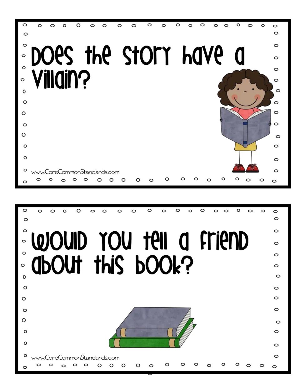 Discussion cards 3–4 ask whether the story has a villain and whether students would tell a friend about the book