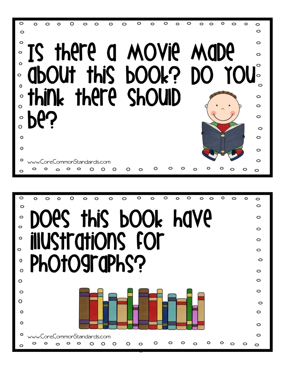 Discussion cards 5–6 ask about a movie version of the book and whether it has illustrations or photographs