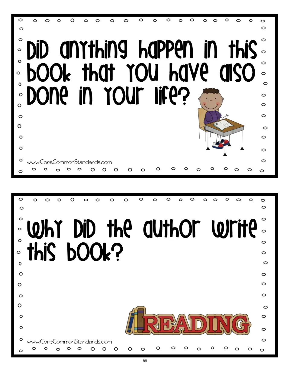 Discussion cards 9–10 ask students to connect book events to their lives and consider why the author wrote it