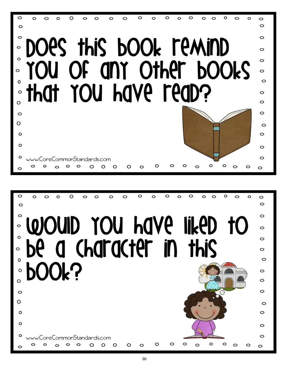 Discussion cards 11–12 ask about connections to other books and whether students would want to be a character