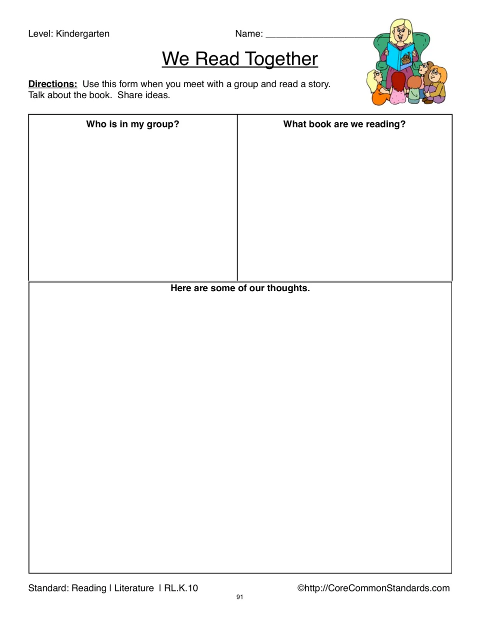 We Read Together response form asks students to identify their reading group, name the book, and share thoughts