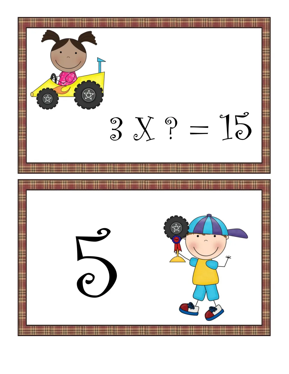 Unknown factor task cards: students match 3 X ? = 15 to the answer card showing 5 to find the missing whole number
