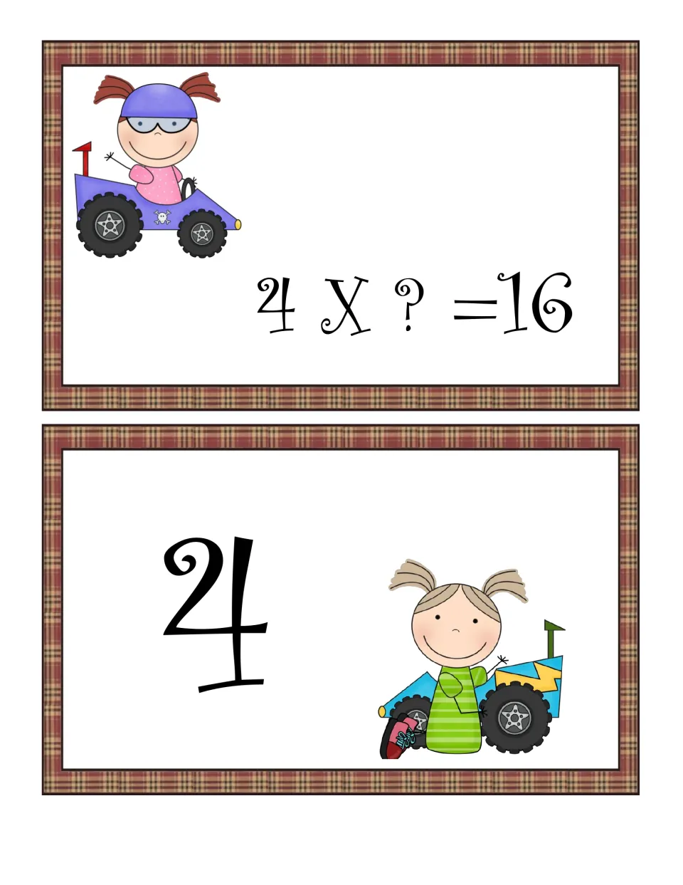 Multiplication card 4 X ? = 16 and its answer card 4, cut apart so students solve for the unknown factor and match