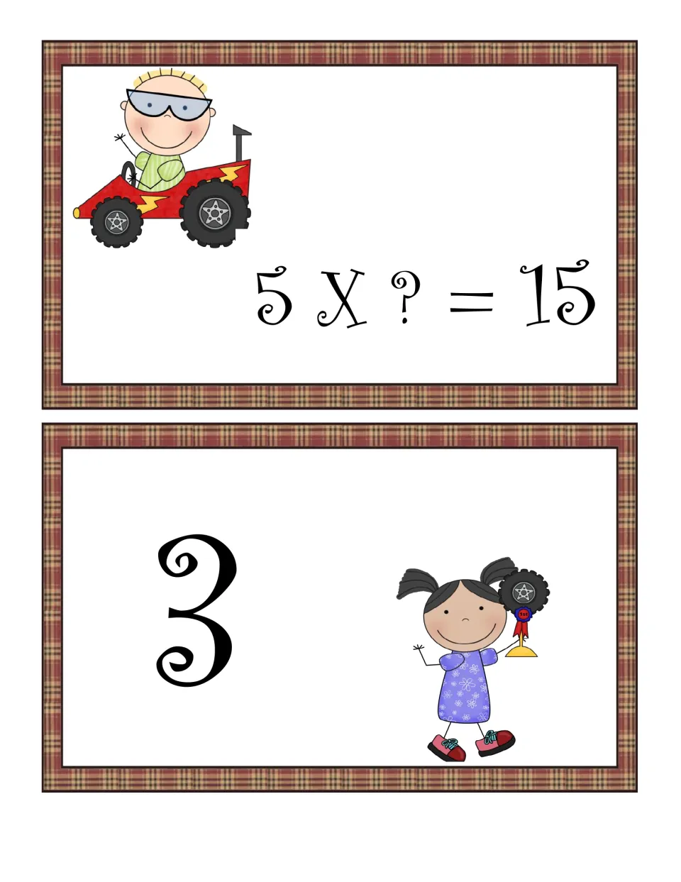 Missing number cards: 5 X ? = 15 with the matching answer card 3; students find which factor times 5 makes 15