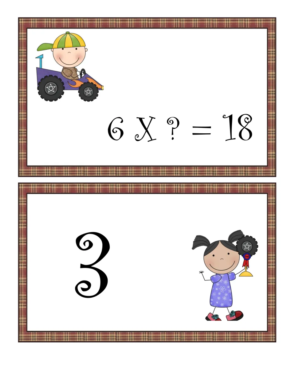 Equation card 6 X ? = 18 with answer card 3; students solve for the missing factor and pair the two race-themed cards