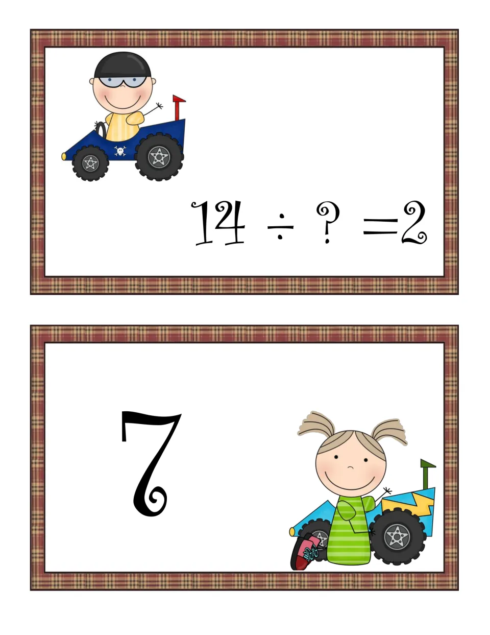 Missing divisor cards: 14 ÷ ? = 2 matched to the answer card 7, practising division with an unknown whole number
