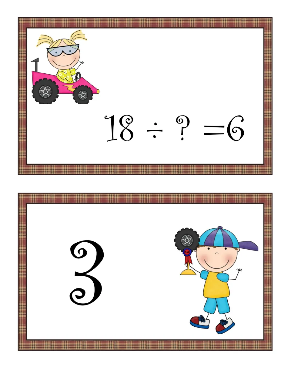 Division card 18 ÷ ? = 6 with its answer card 3; students find the unknown divisor and match the pair of cards