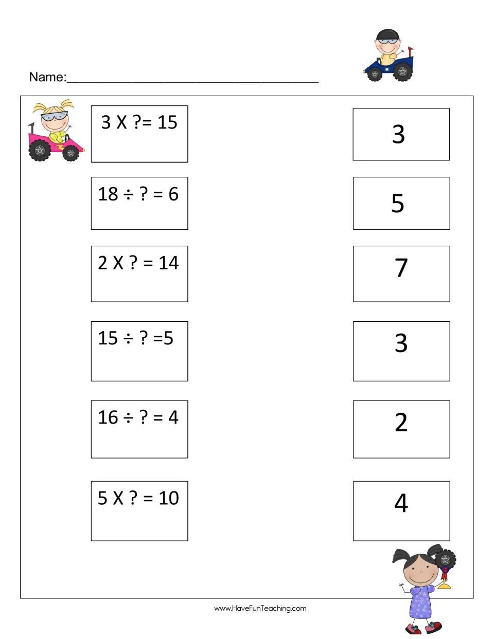 Practice sheet: students match six equations such as 3 X ? = 15 and 16 ÷ ? = 4 to answer choices 3, 5, 7, 3, 2 and 4