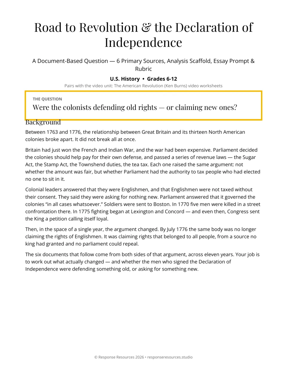 DBQ introduction asks whether colonists defended old rights or claimed new ones, with background on 1763–1776.