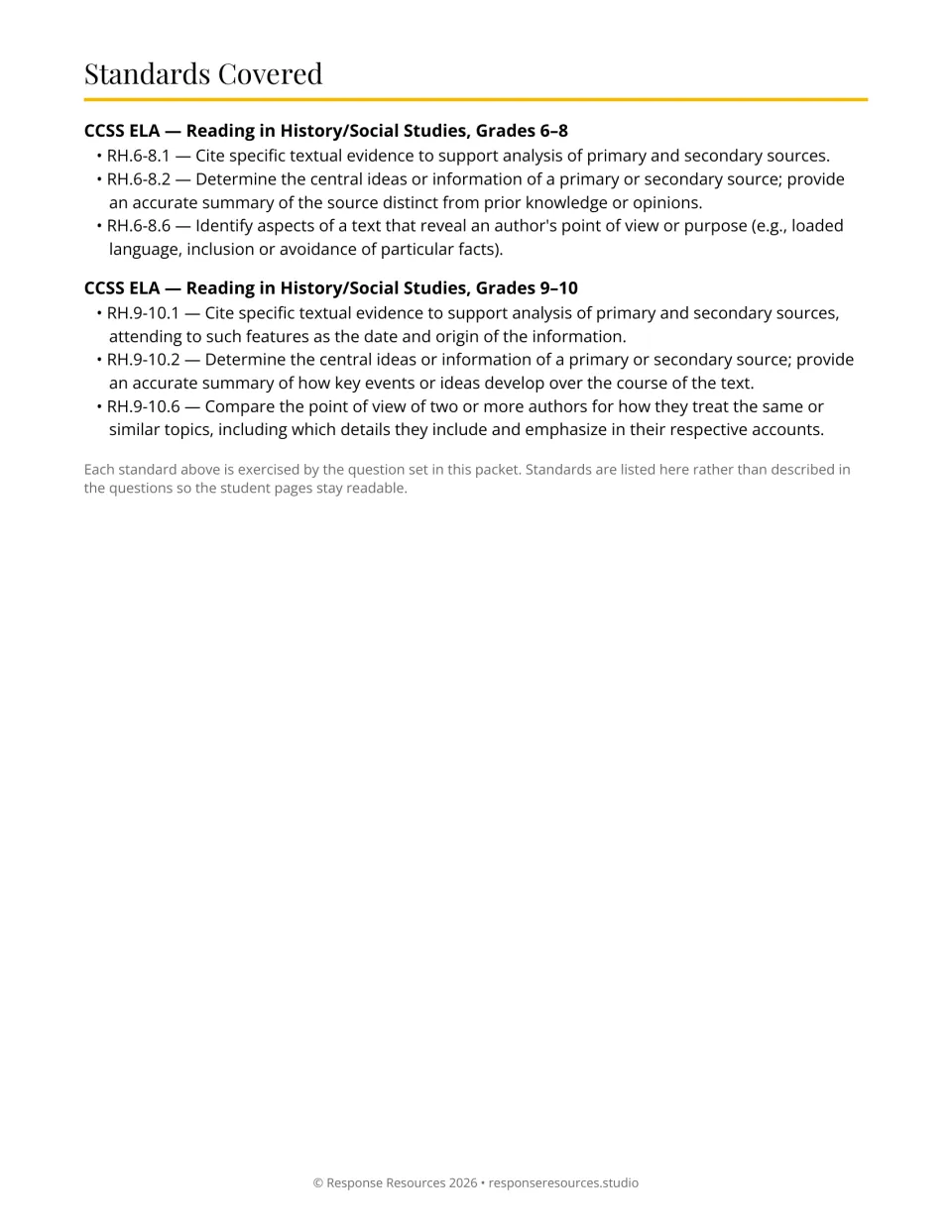 DBQ standards page lists history reading standards for grades 6–8 and 9–10 on evidence, main ideas, and viewpoint.
