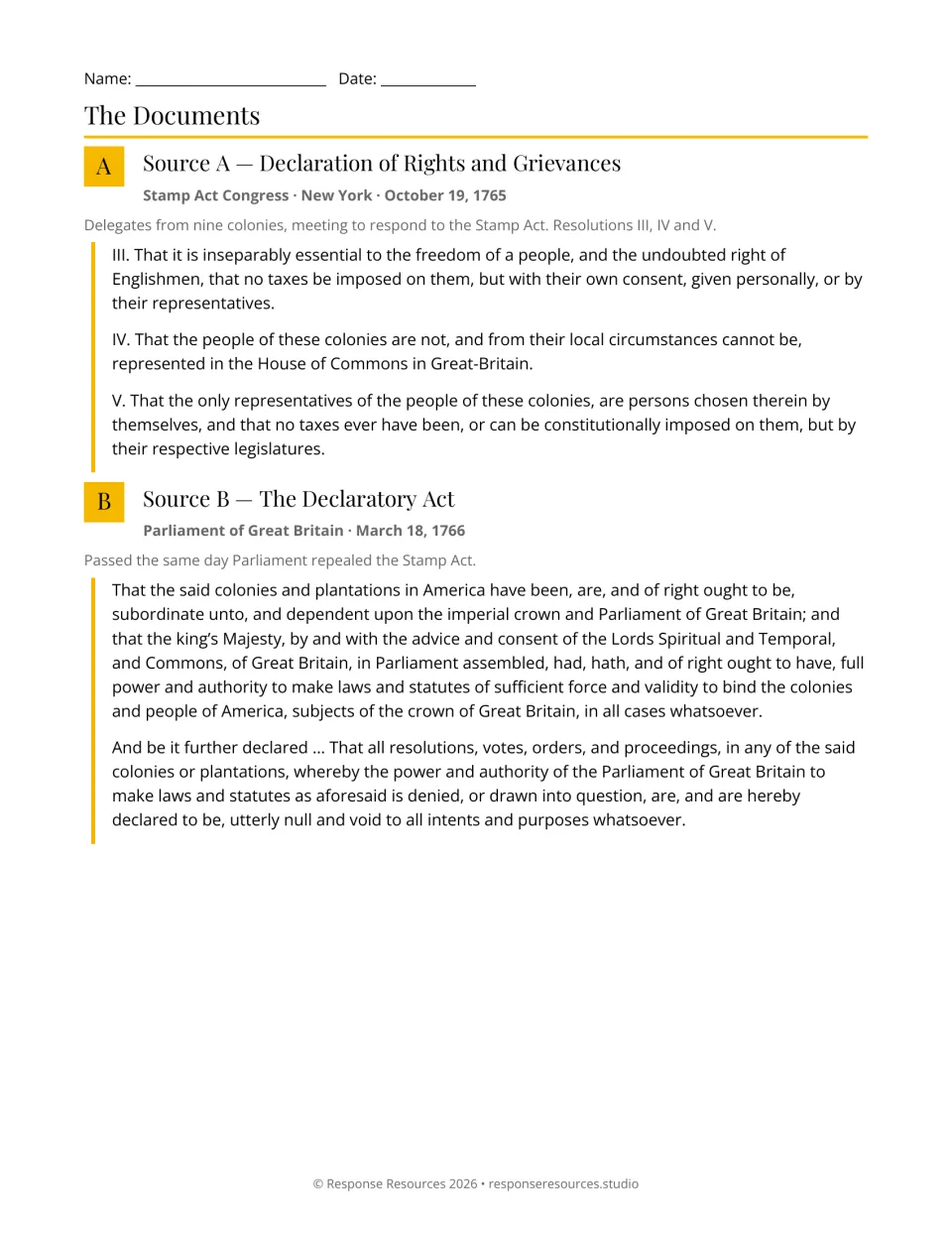 DBQ Sources A and B pair the Stamp Act Congress's 1765 rights resolutions with Parliament's 1766 Declaratory Act.