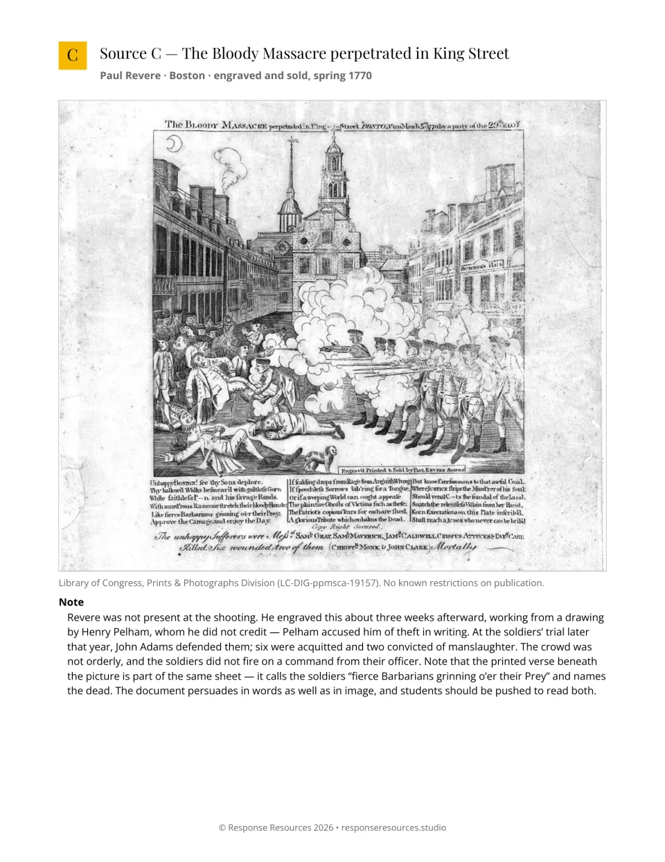 DBQ Source C presents Paul Revere's Boston Massacre engraving and notes on its origins, bias, and soldiers' trial.