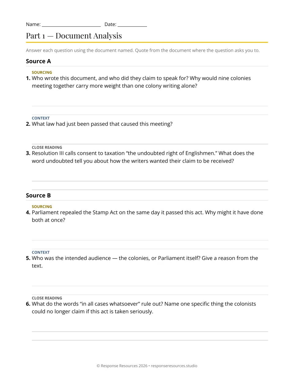 DBQ analysis questions 1–6 examine the Stamp Act Congress and Declaratory Act through sourcing, context, and claims.