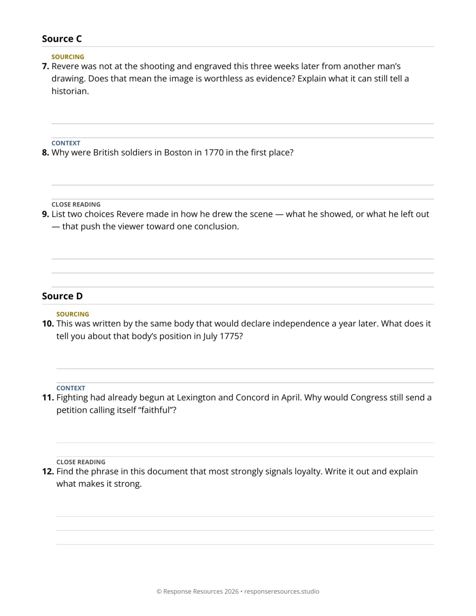 DBQ analysis questions 7–12 examine Revere's engraving as evidence and the Olive Branch Petition's loyalty to the king.