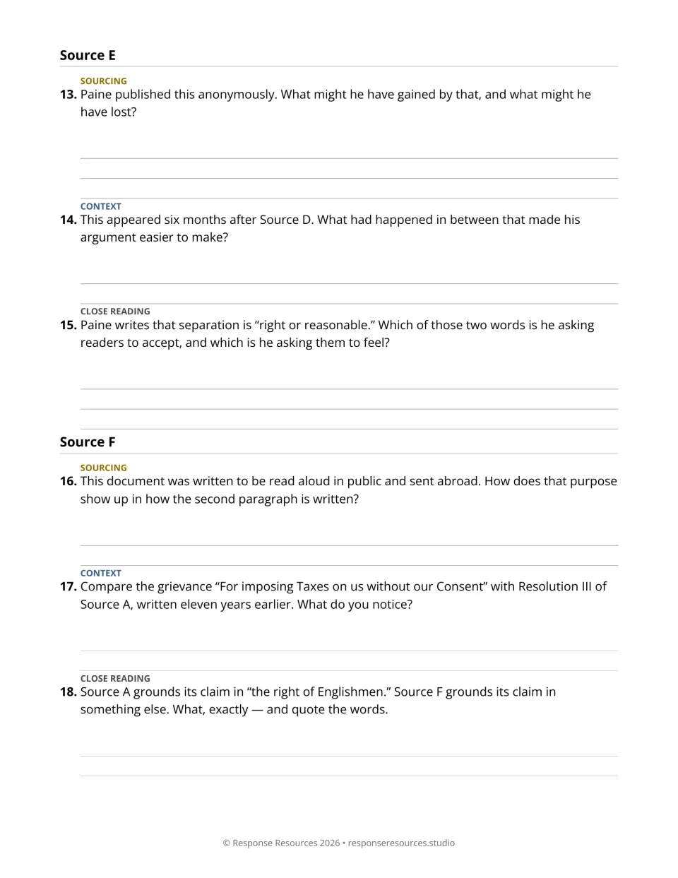 DBQ analysis questions 13–18 examine Paine's anonymity, arguments for separation, and the Declaration's basis for rights.