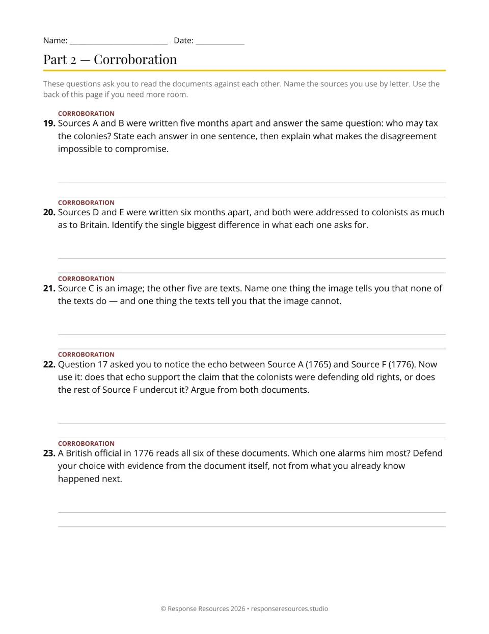 DBQ corroboration questions 19–23 compare sources on taxation, separation, visual evidence, and old versus new rights.