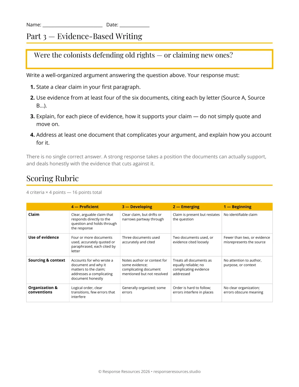 DBQ essay prompt requires evidence from at least four sources and a complicating document, with a 16-point rubric.