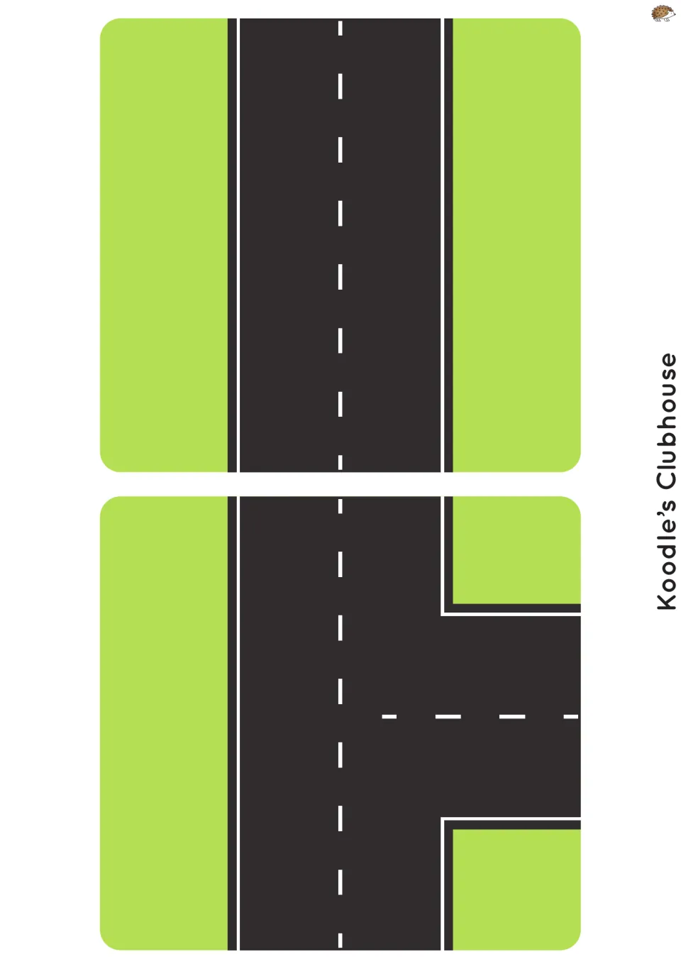 Road tiles, first set: a straight two-lane road and a T-junction tile for children to join into their own car track