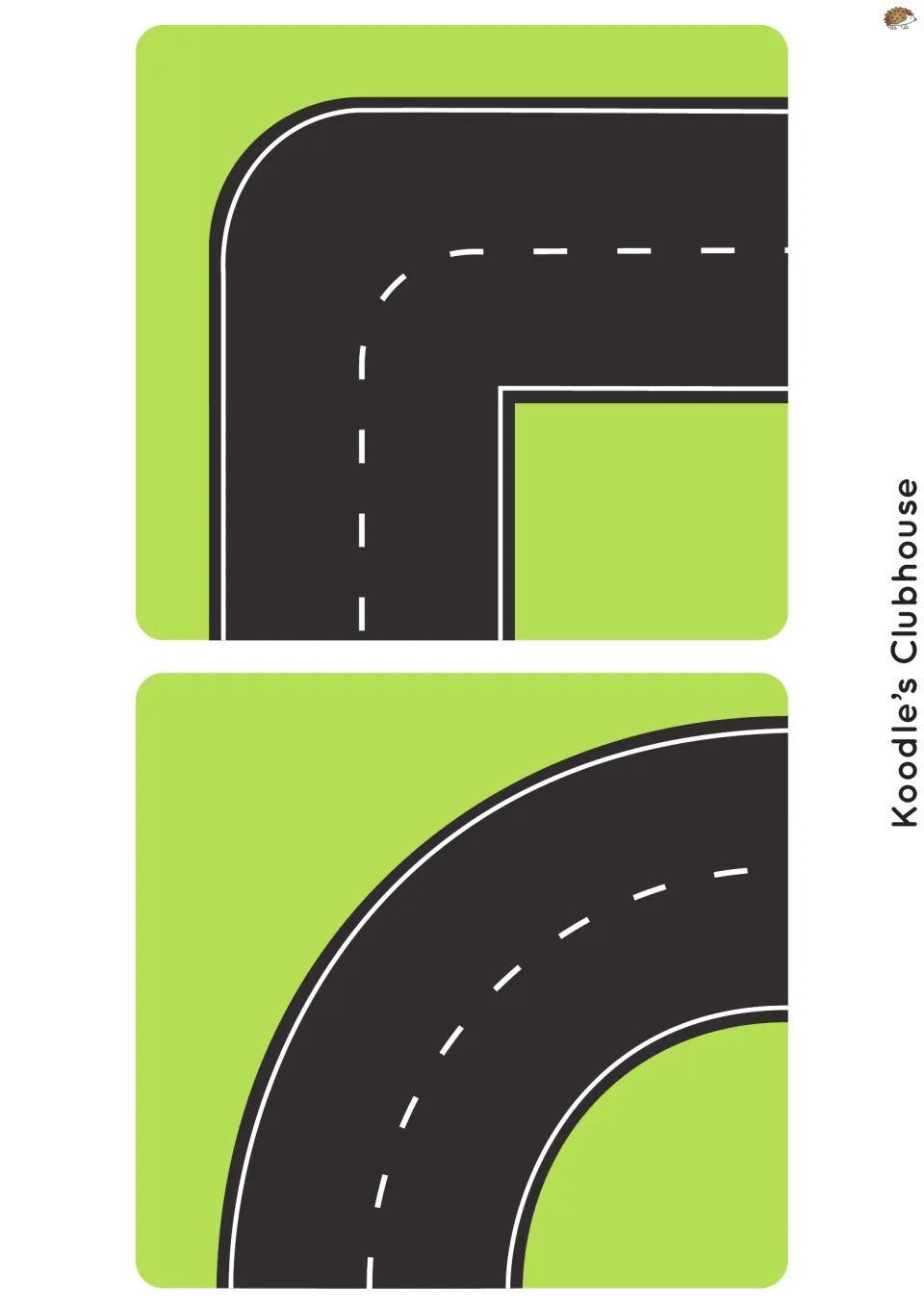 Road tiles, first set: a sharp right-angle corner and a wide sweeping curve so children can turn their track