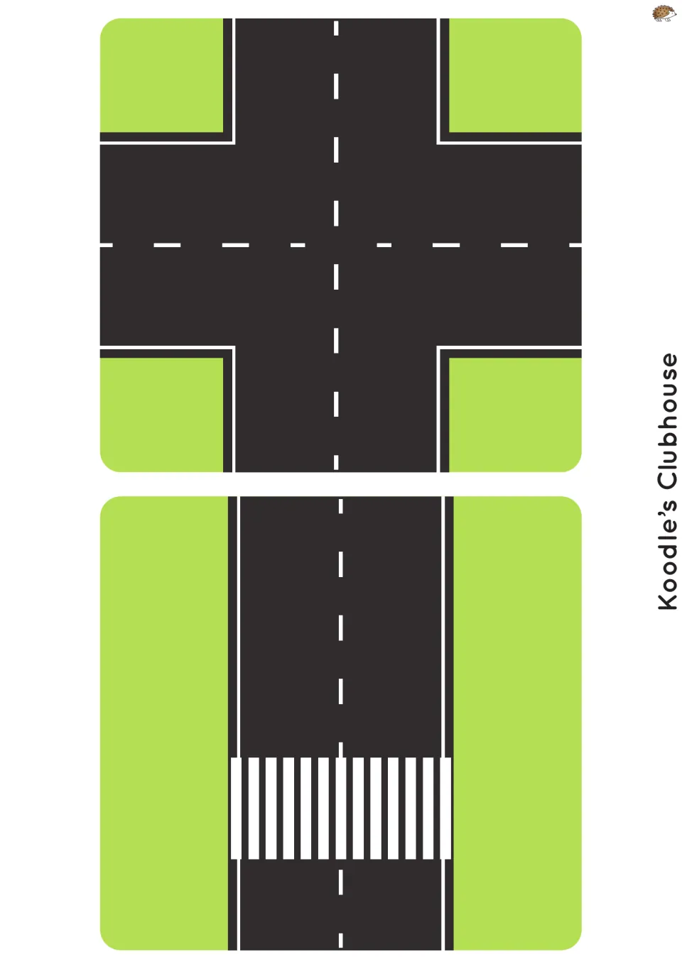 Road tiles, first set: a four-way crossroads and a straight road with a zebra crossing for building the track layout