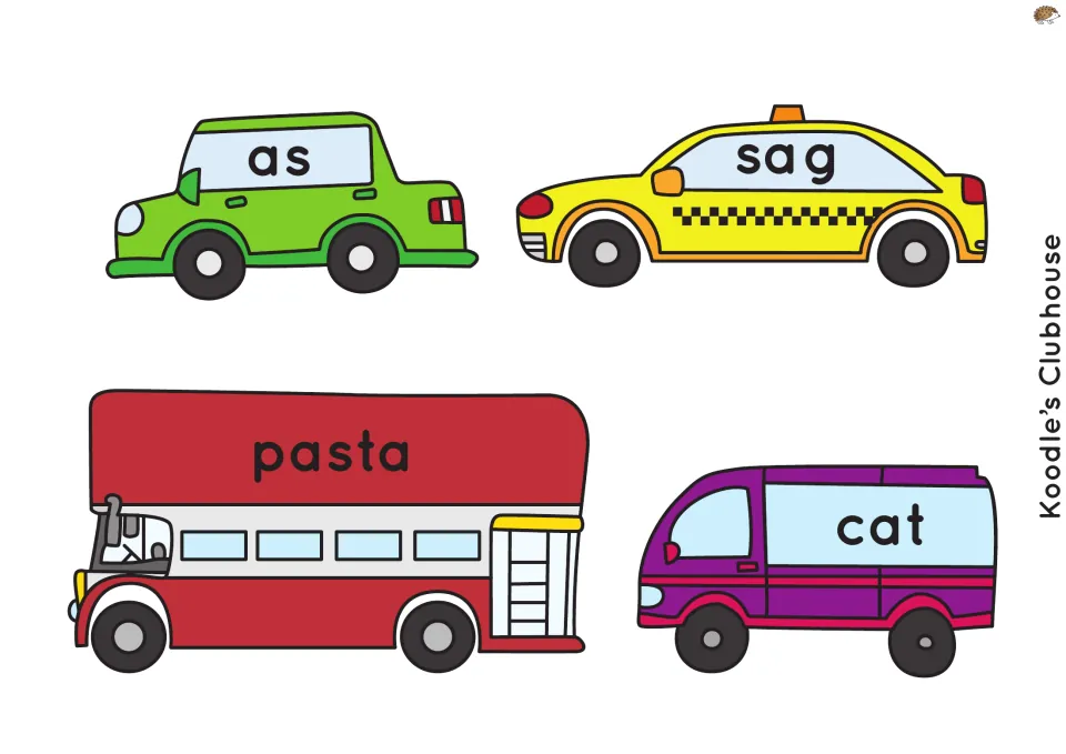 Phonics car cut-outs: students read the words as, sag, pasta and cat on a green car, taxi, red bus and purple van