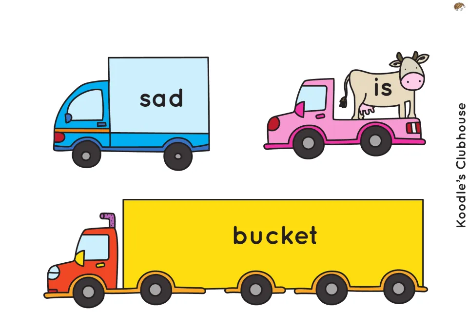 Phonics vehicle cut-outs: students read sad on a blue truck, is on a cow in a pink pickup and bucket on a long lorry