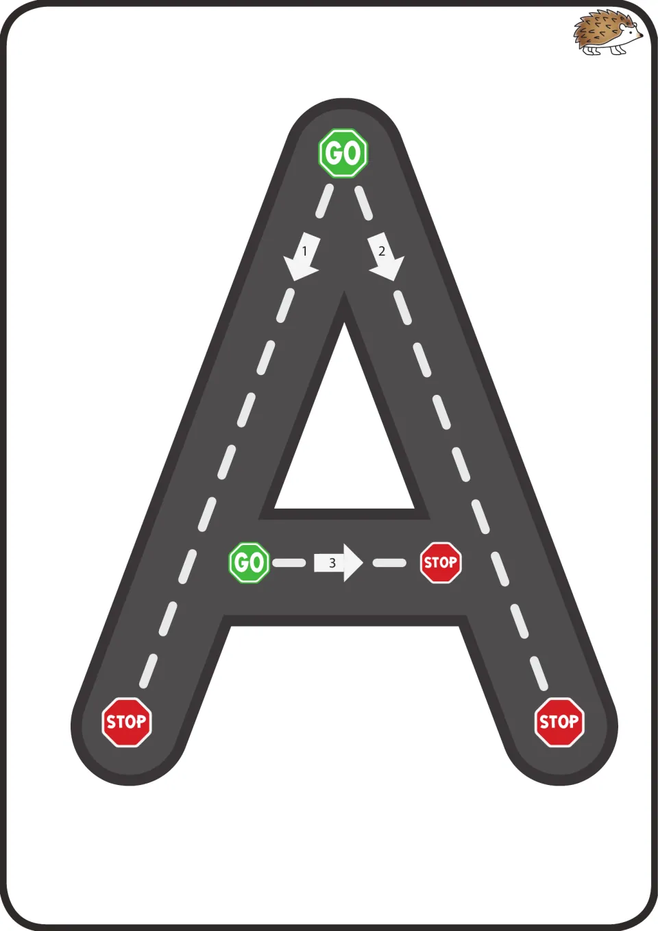 Uppercase A road mat: students drive a car or trace from GO to STOP along numbered arrows 1, 2 and 3 to form the letter A
