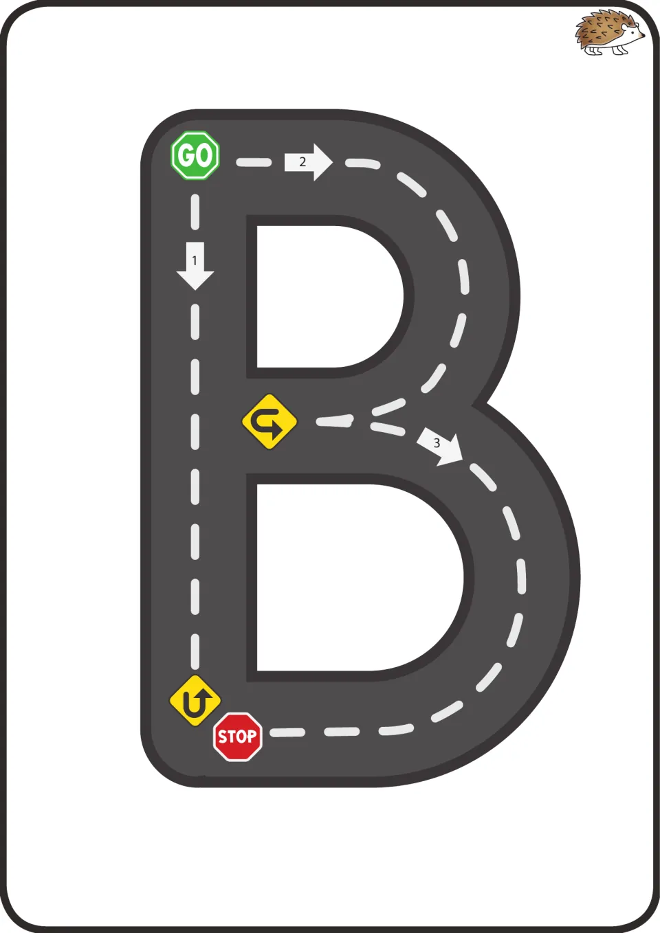 Uppercase B on a road: letter formation practice driving down stroke 1, then around both bumps in strokes 2 and 3 to STOP