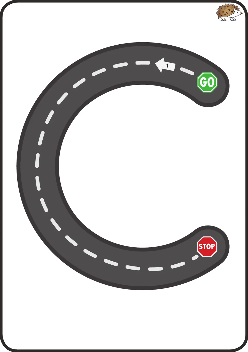 Uppercase C road track: students follow one curved stroke from the GO sign counterclockwise around to the STOP sign