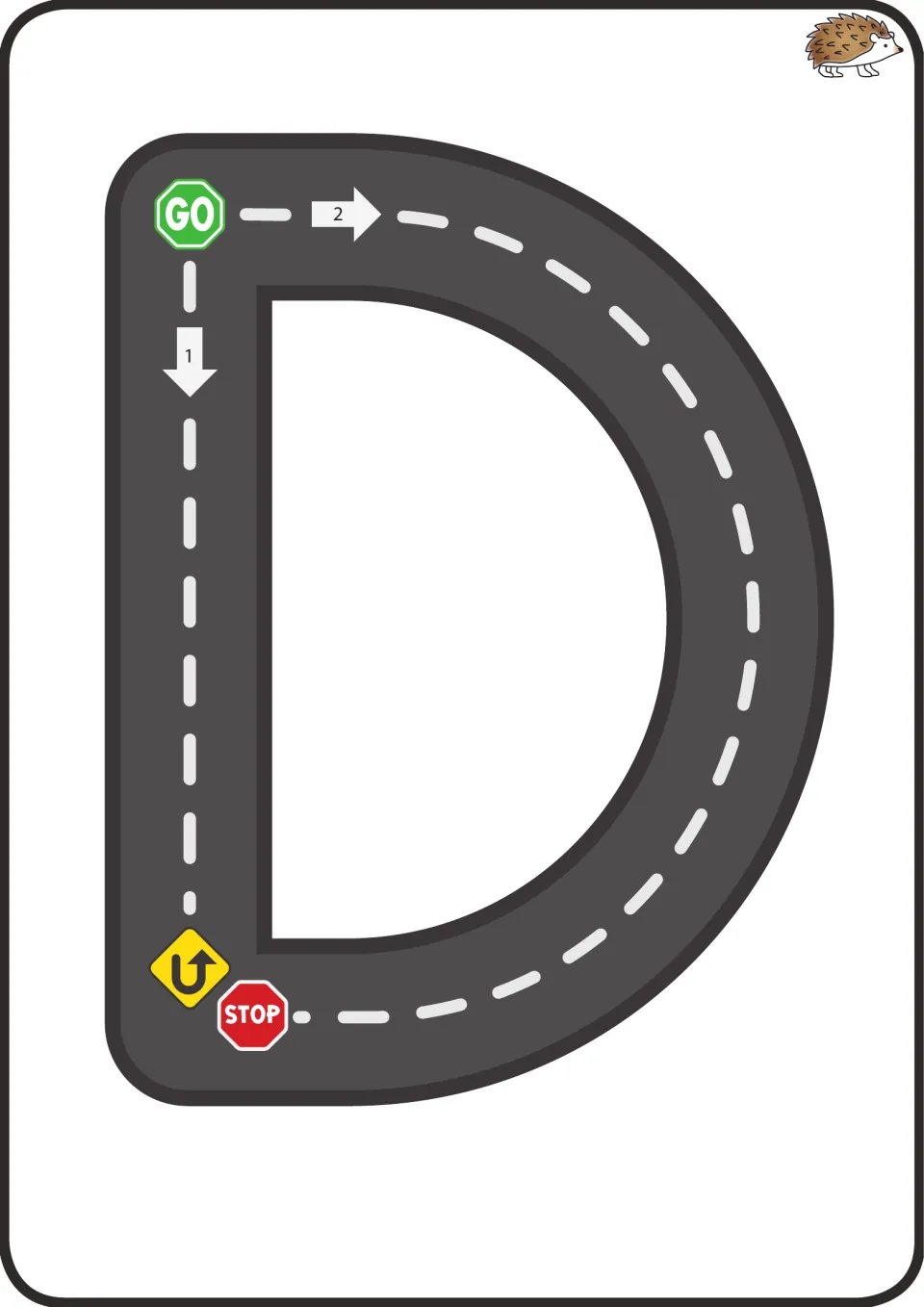 Uppercase D letter mat: trace stroke 1 straight down, U-turn, then stroke 2 across the top and around the curve to STOP
