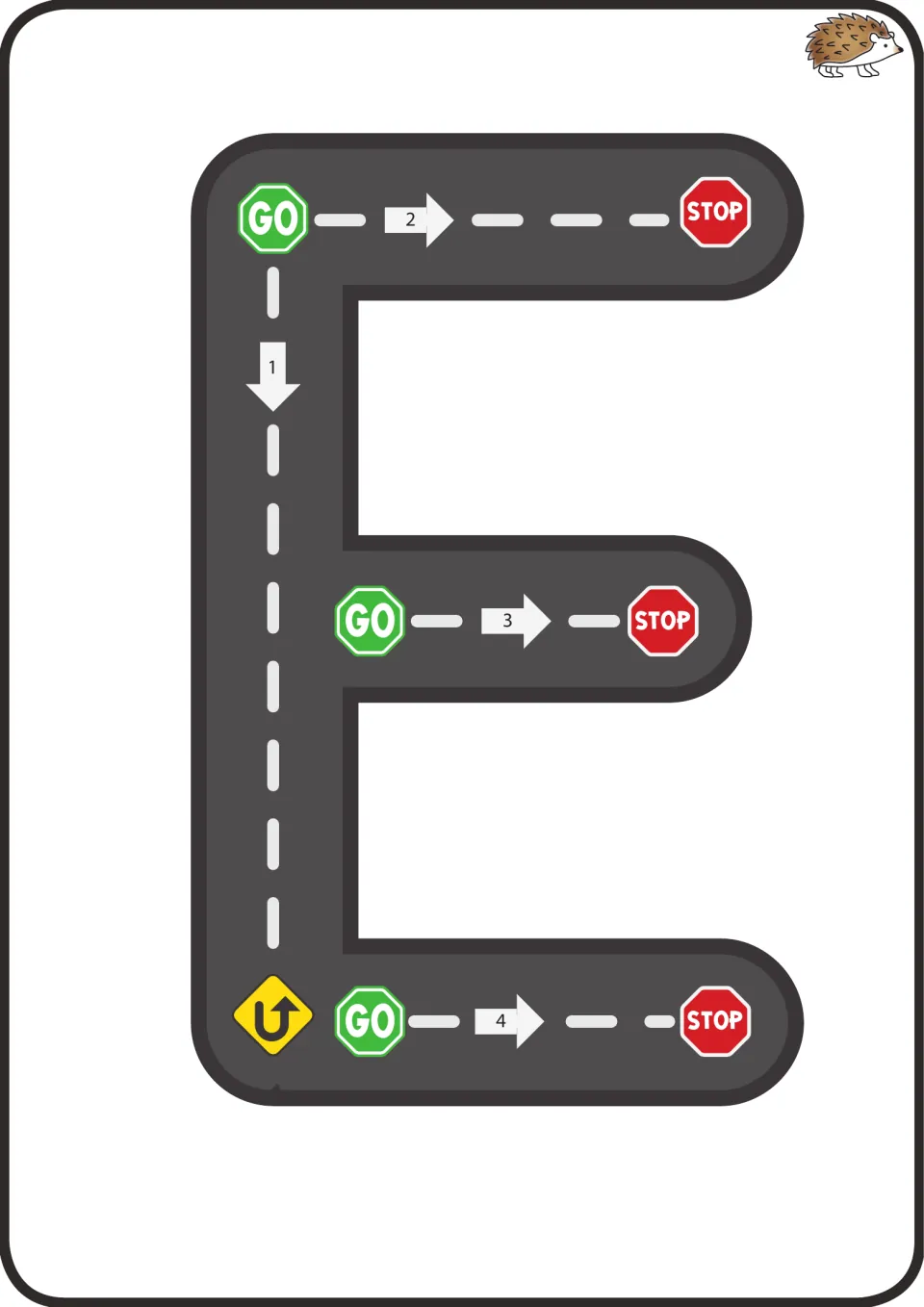 Uppercase E formation: drive stroke 1 down the spine, then three GO-to-STOP strokes across the top, middle and bottom