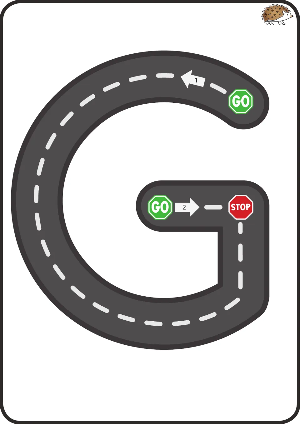 Uppercase G road track: stroke 1 curves left from GO around the letter, then stroke 2 runs across the inner bar to STOP