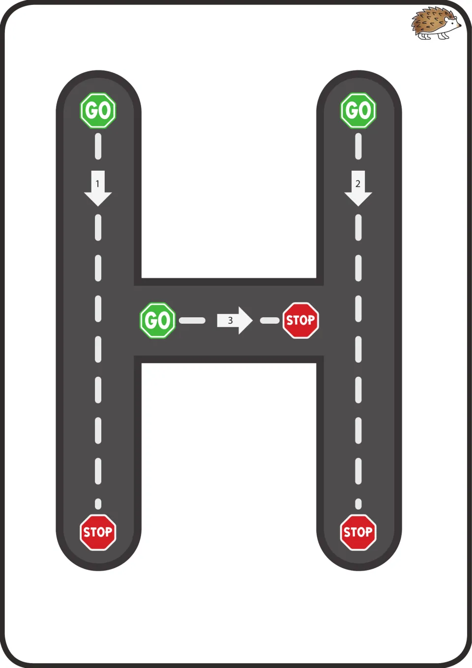 Uppercase H mat: students drive two down strokes, 1 and 2, from GO to STOP, then stroke 3 across the middle to finish H