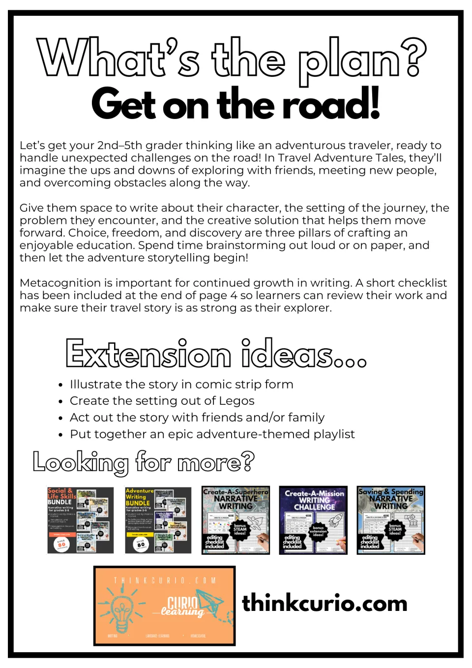 Teacher notes titled What's the plan? Get on the road! explaining the travel story task, plus four extension ideas