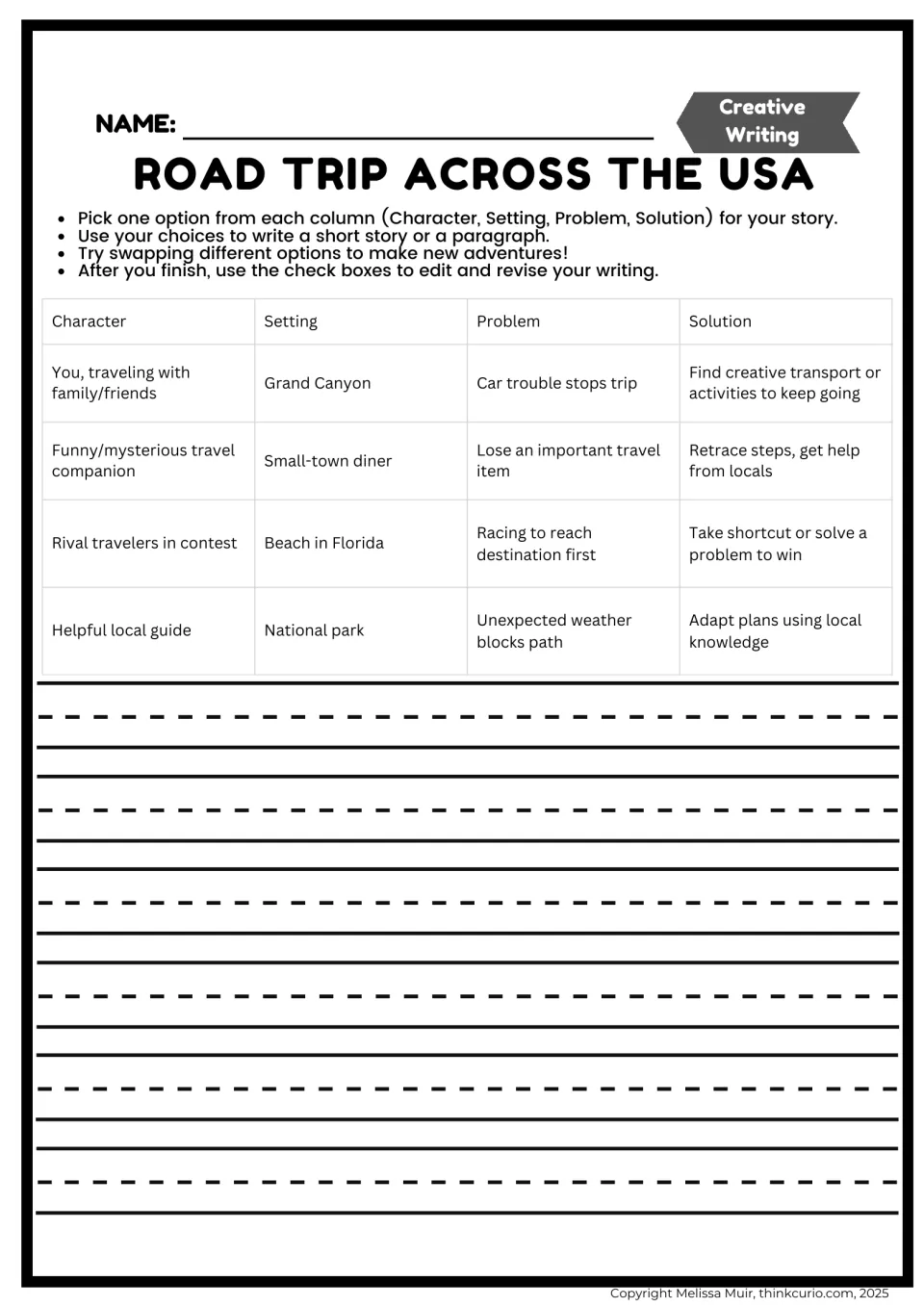 Story planning: students pick a character, setting, problem and solution, e.g. Grand Canyon or car trouble, then write