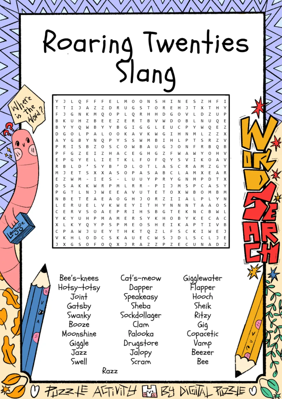 1920s slang word search: students find 31 words such as flapper, speakeasy, jalopy and bee's-knees hidden in the puzzle