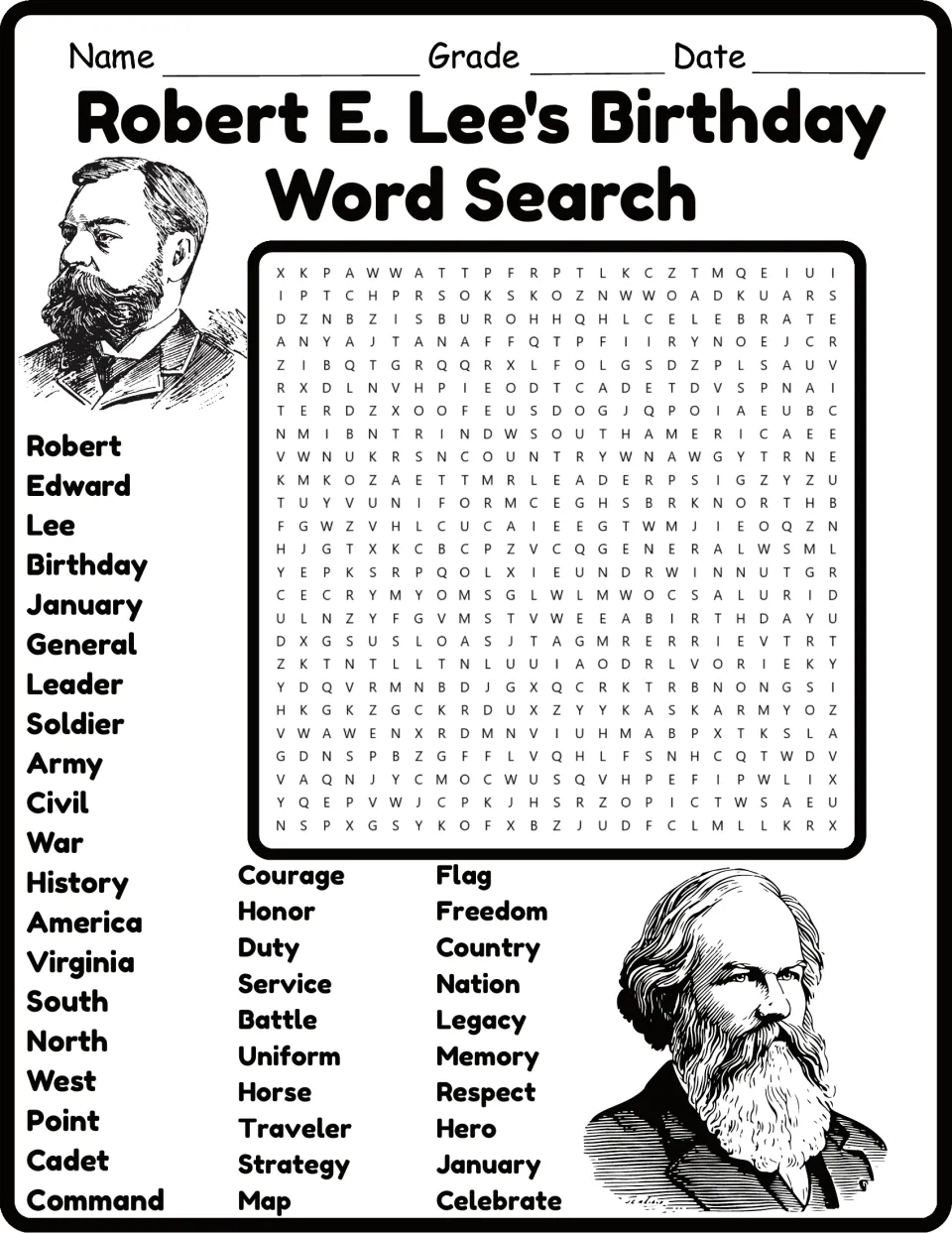 Birthday word search about Robert E. Lee, with words including Edward, General, Virginia, Cadet, and Command.