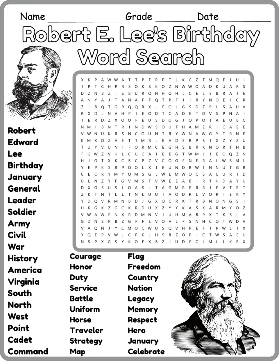 Alternate Lee birthday word search with an outlined title and words including Courage, Honor, Duty, and Service.
