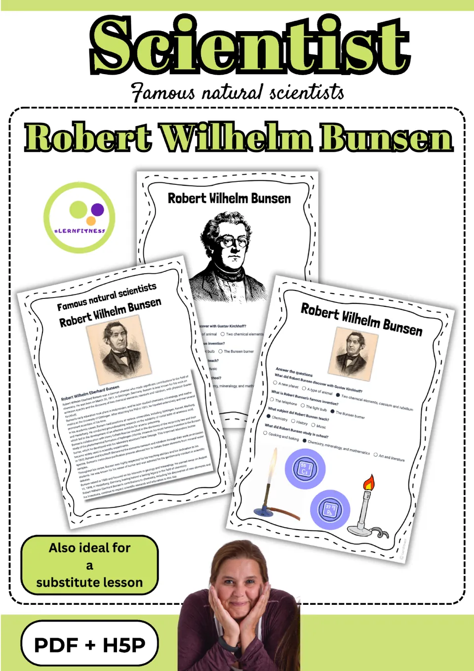 Cover of the Bunsen reading and activity set, showing biography and quiz samples and the PDF + H5P formats