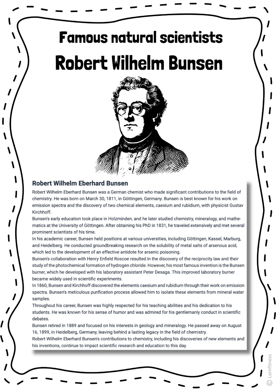 Bunsen biography reading about his education, chemistry research, and discoveries, with a black-and-white portrait