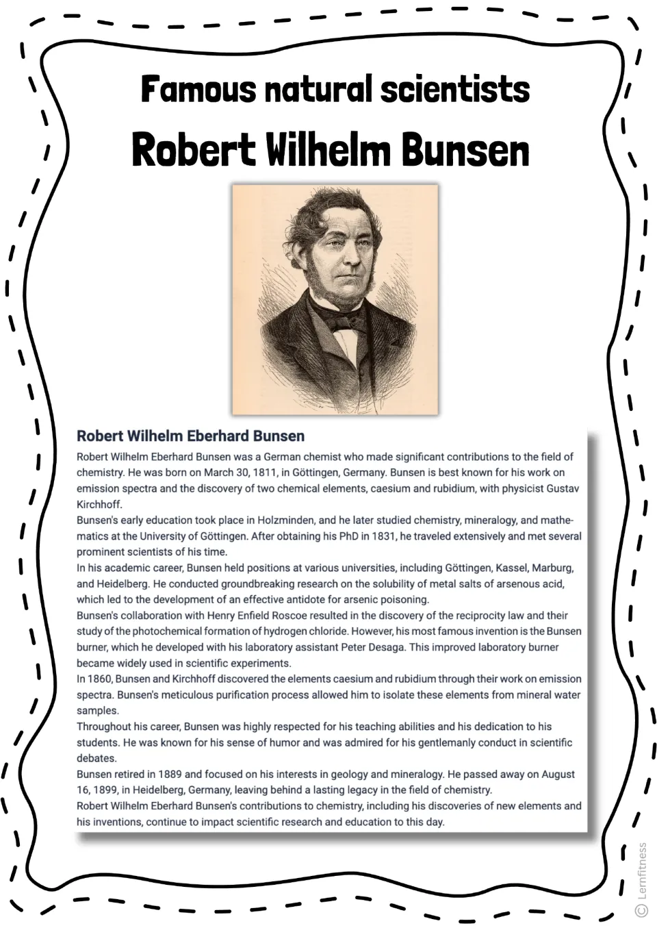 Alternate Bunsen biography reading with a sepia portrait and the same text about his life and scientific work