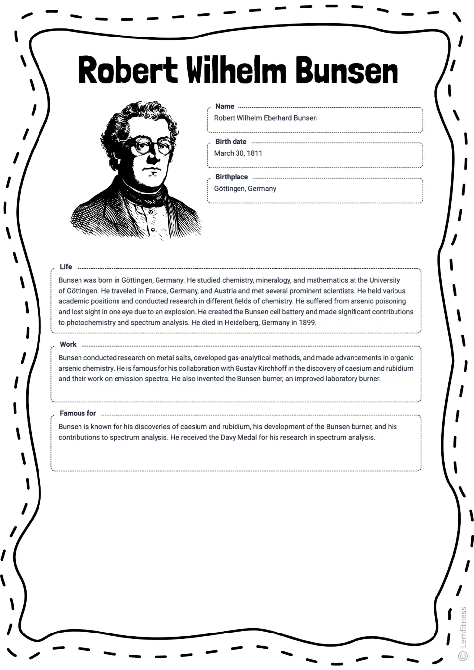 Completed Bunsen fact sheet: name, birth date, birthplace, life, work and famous for, summarizing his discoveries