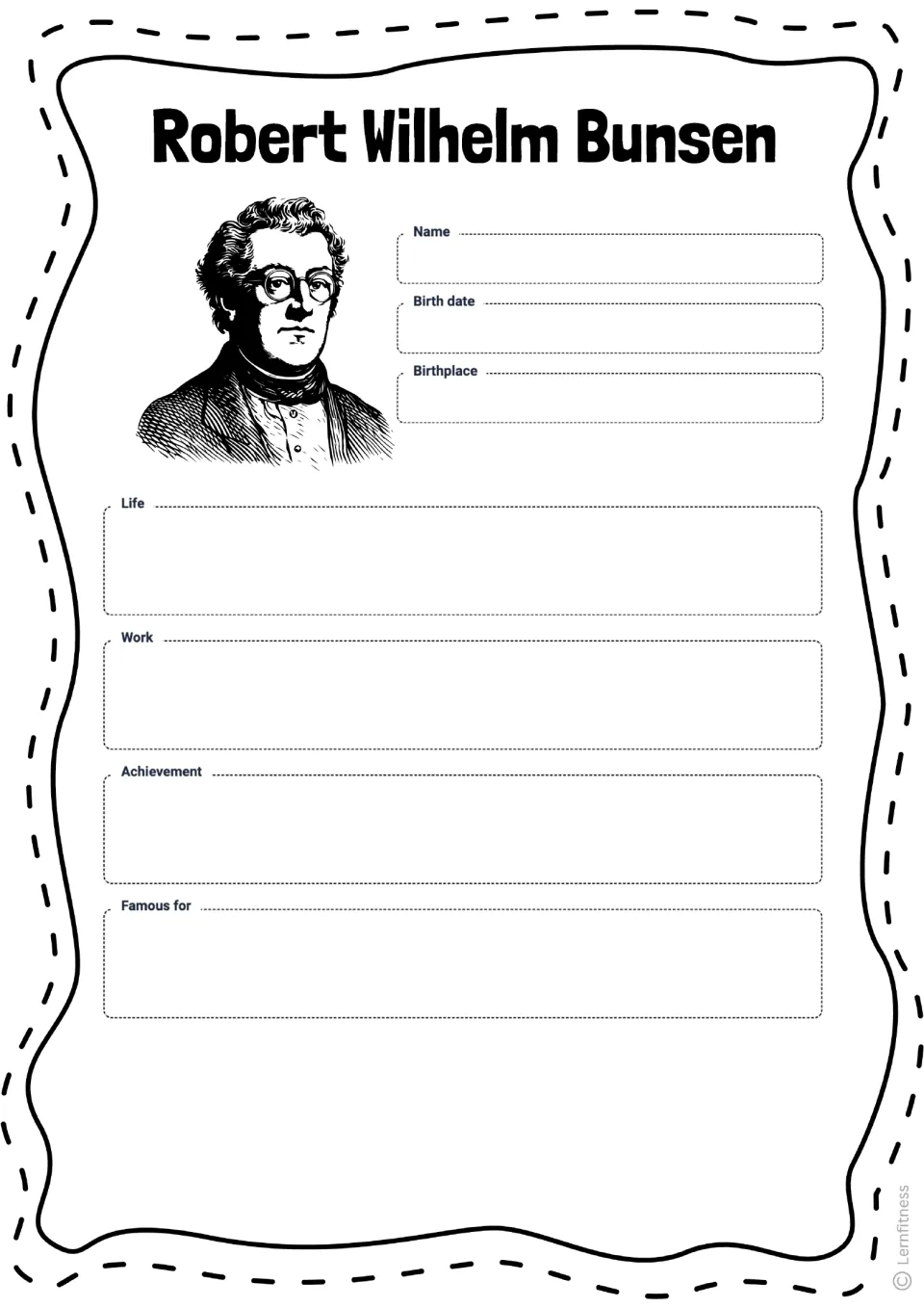 Bunsen profile worksheet asking for name, birth date, birthplace, life, work, achievement, and claim to fame