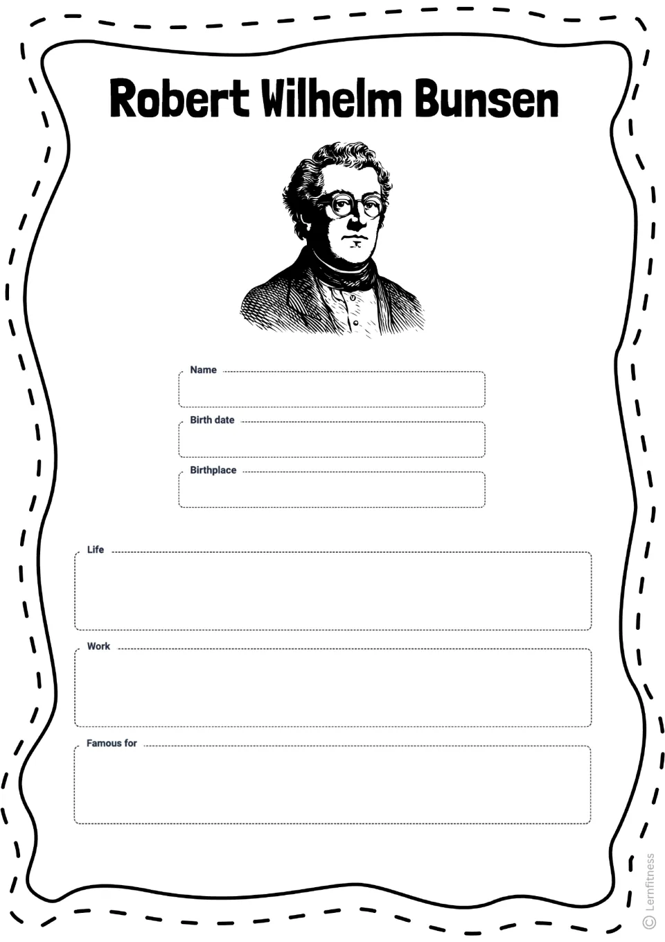 Bunsen profile worksheet asking for his name, birth date, birthplace, life, work, and what he is famous for