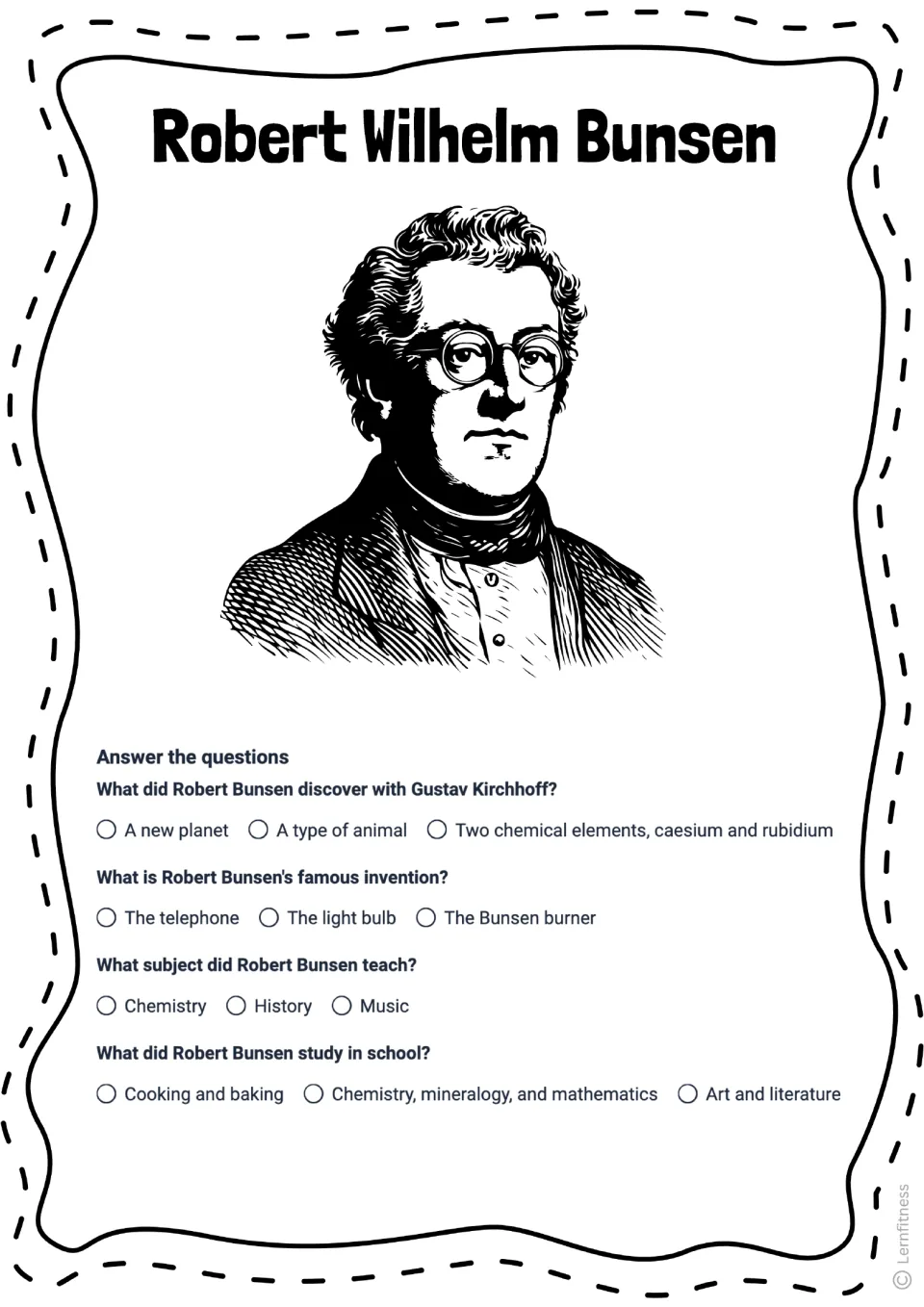 Four-question Bunsen multiple-choice quiz about his discoveries, famous invention, teaching, and studies
