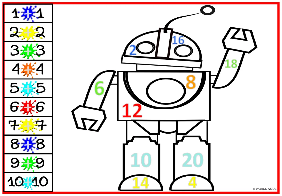 Robot color-by-number worksheet 4: doubles facts from 1 + 1 to 10 + 10, with 10 and 20 on its legs.