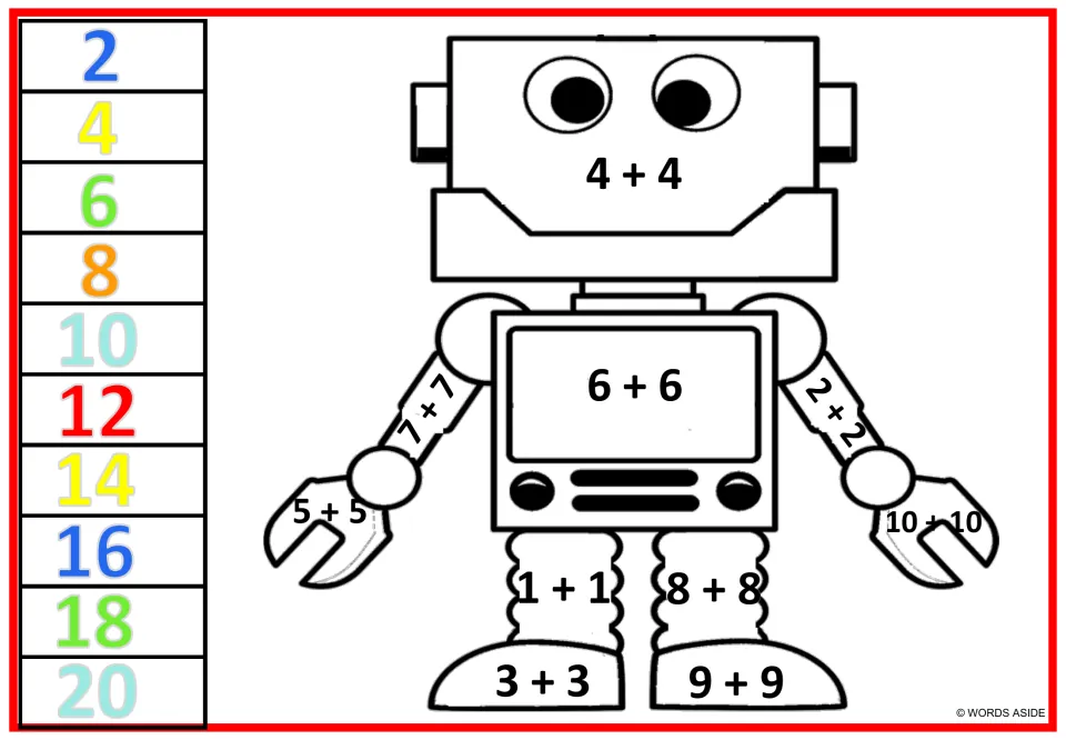 Robot doubles color-by-number sheet 1: 4 + 4 on the head, 6 + 6 on the screen, and a color key from 2 to 20