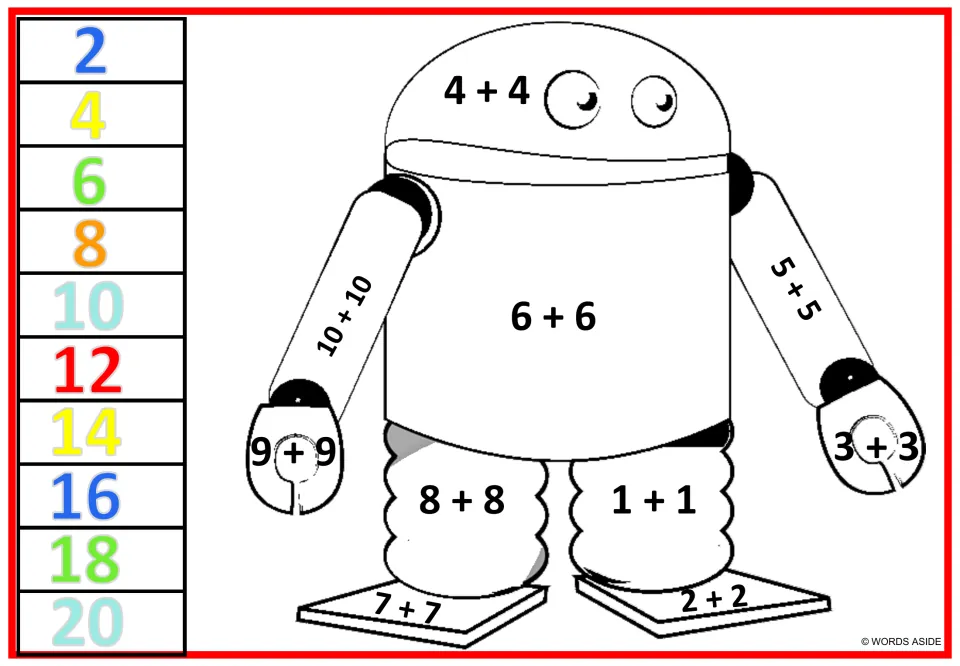 Robot doubles color-by-number sheet 2: 4 + 4 on the round head, 6 + 6 on the body, and 9 + 9 on a claw