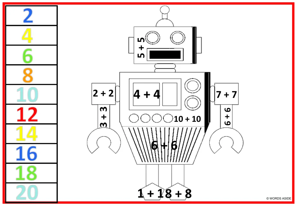Robot doubles color-by-number sheet 3: 5 + 5 on the head, 4 + 4 on the chest, and 1 + 1 and 8 + 8 on feet