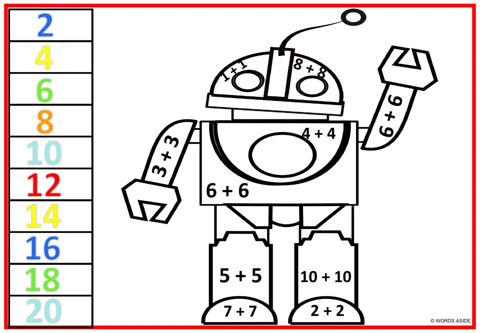 Robot doubles color-by-number sheet 4: 1 + 1 and 8 + 8 on the head, 3 + 3 on one arm, and 9 + 9 on the other